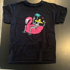 Black T-Shirt with Skeleton and Flamingo Design